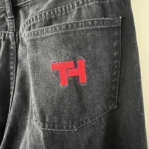 Vintage Y2K Tommy Hilfiger Black Denim Jeans Womens Size 12‎ TH red Logo Pocket